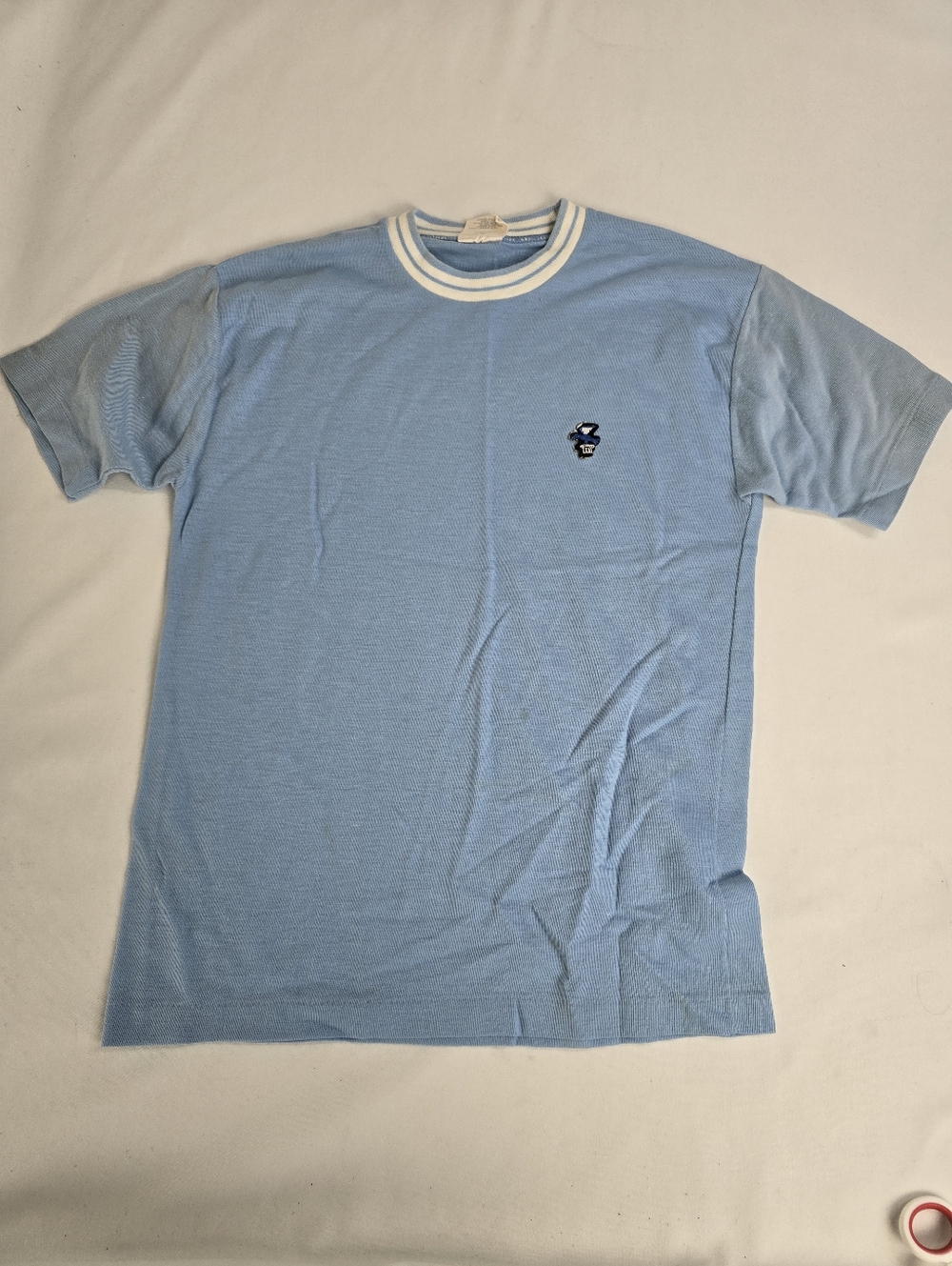 Vintage 60's Never Iron By Campus Light Blue Emblem Tshirt Youth Size 16